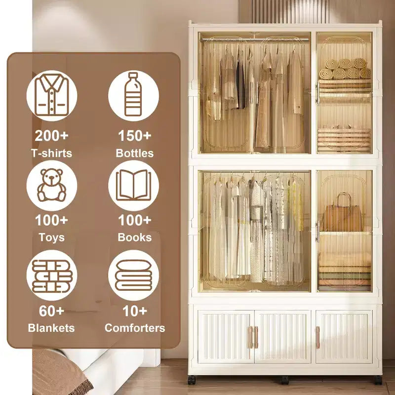 Armoire de rangement portable pour vêtements, armoire de rangement avec porte magnétique transparente et tringle à vêtements pour salon et chambre à coucher