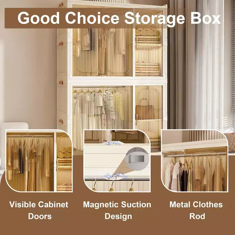 Armoire de rangement portable pour vêtements, armoire de rangement avec porte magnétique transparente et tringle à vêtements pour salon et chambre à coucher