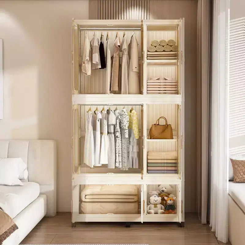 Armoire de rangement portable pour vêtements, armoire de rangement avec porte magnétique transparente et tringle à vêtements pour salon et chambre à coucher