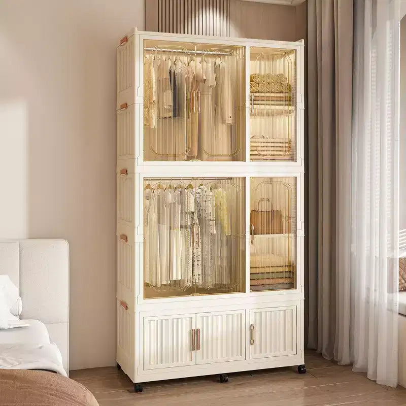 Armoire de rangement portable pour vêtements, armoire de rangement avec porte magnétique transparente et tringle à vêtements pour salon et chambre à coucher