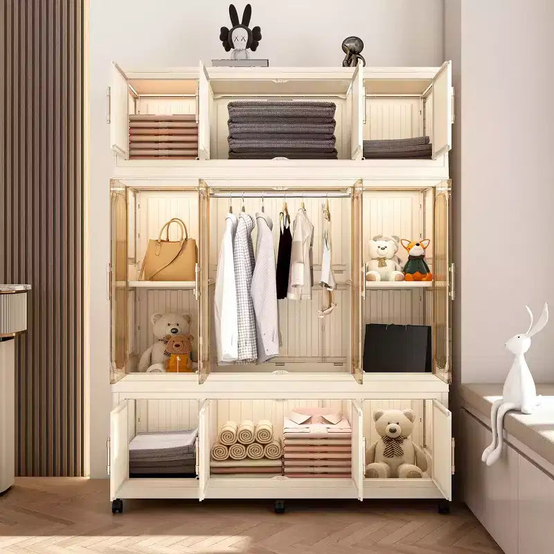 Armoire de rangement portable pour vêtements, armoire de rangement avec porte magnétique transparente et tringle à vêtements pour salon et chambre à coucher