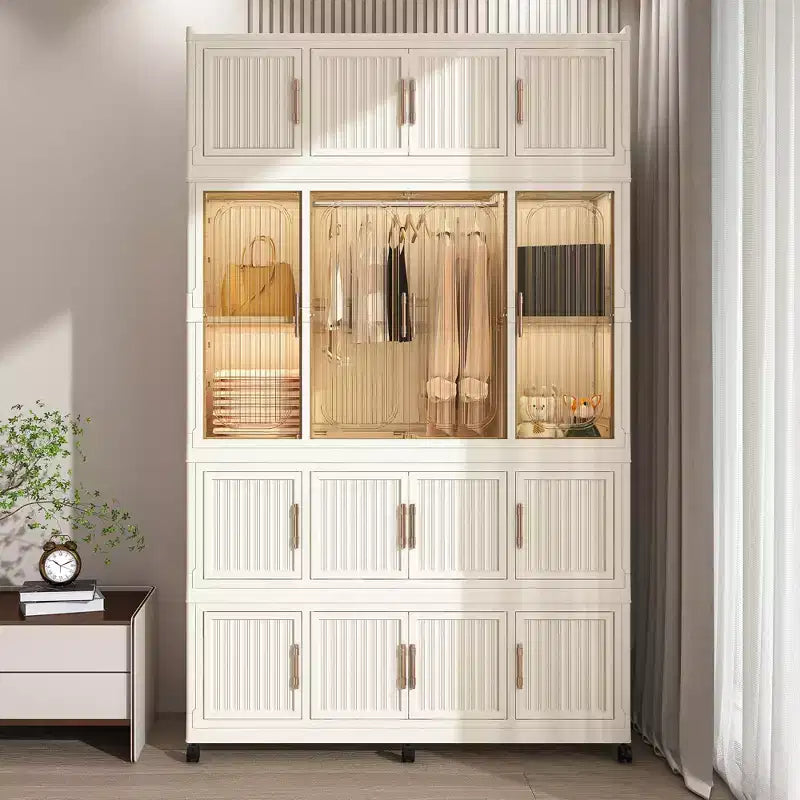Armoire de rangement portable pour vêtements, armoire de rangement avec porte magnétique transparente et tringle à vêtements pour salon et chambre à coucher
