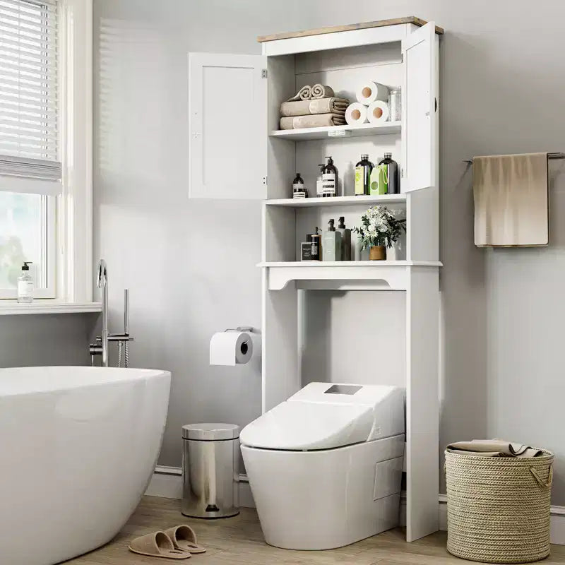 Meuble de rangement au-dessus des toilettes, organisateur de salle de bain peu encombrant de 167,6 cm avec deux portes et étagères réglables, étagère de toilettes autoportante pour salles de bain