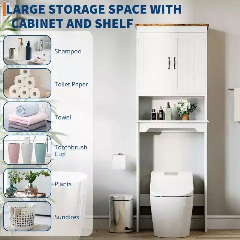 Meuble de rangement au-dessus des toilettes, organisateur de salle de bain peu encombrant de 167,6 cm avec deux portes et étagères réglables, étagère de toilettes autoportante pour salles de bain