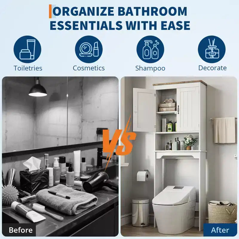 Meuble de rangement au-dessus des toilettes, organisateur de salle de bain peu encombrant de 167,6 cm avec deux portes et étagères réglables, étagère de toilettes autoportante pour salles de bain