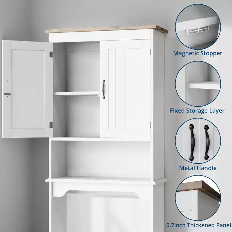 Meuble de rangement au-dessus des toilettes, organisateur de salle de bain peu encombrant de 167,6 cm avec deux portes et étagères réglables, étagère de toilettes autoportante pour salles de bain