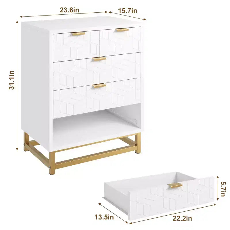Grande commode de couloir, commode à tiroirs avec base en métal, commode à 5 tiroirs pour chambre à coucher, organisateur de rangement moderne.