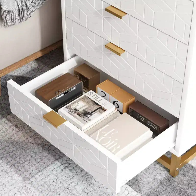 Grande commode de couloir, commode à tiroirs avec base en métal, commode à 5 tiroirs pour chambre à coucher, organisateur de rangement moderne.