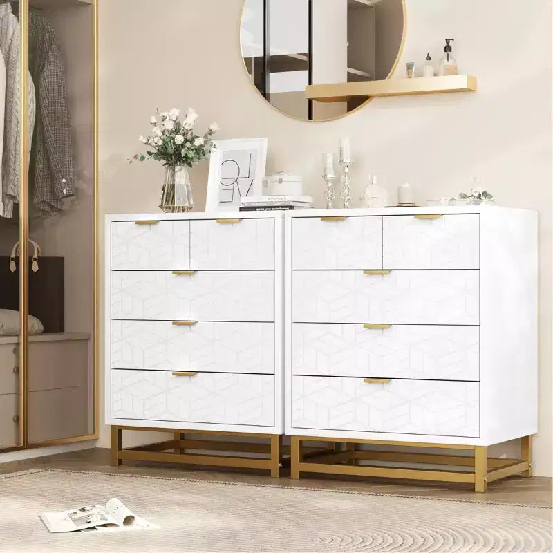 Grande commode de couloir, commode à tiroirs avec base en métal, commode à 5 tiroirs pour chambre à coucher, organisateur de rangement moderne.