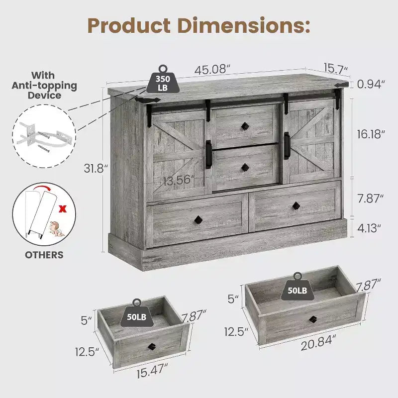 COZONY Commode 4 tiroirs blanche 45" avec portes de grange - Commode de chambre en bois pour placard, salon, meuble TV