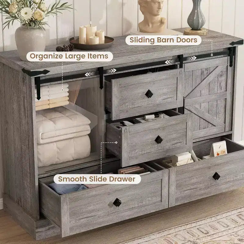 COZONY Commode 4 tiroirs blanche 45" avec portes de grange - Commode de chambre en bois pour placard, salon, meuble TV