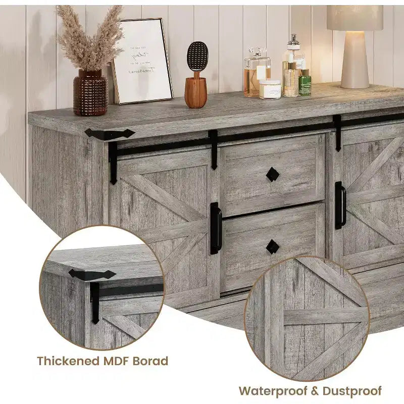 COZONY Commode 4 tiroirs blanche 45" avec portes de grange - Commode de chambre en bois pour placard, salon, meuble TV