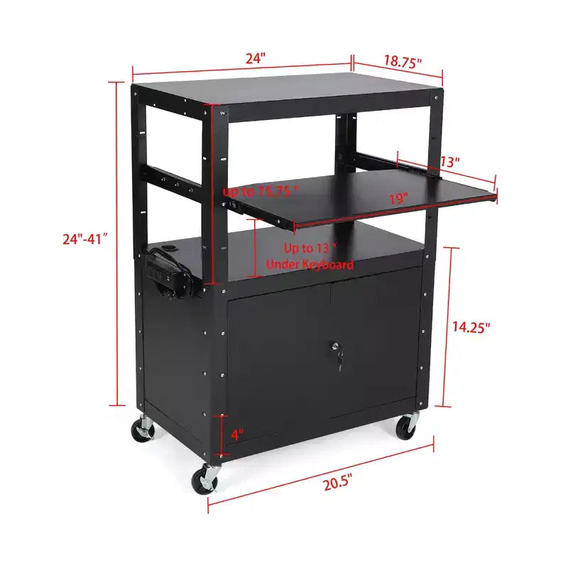 Chariot AV roulant avec armoire verrouillable, hauteur réglable de 61 à 107 cm, tapis antidérapant, capacité de 45 kg, poste de travail mobile avec rangement supplémentaire