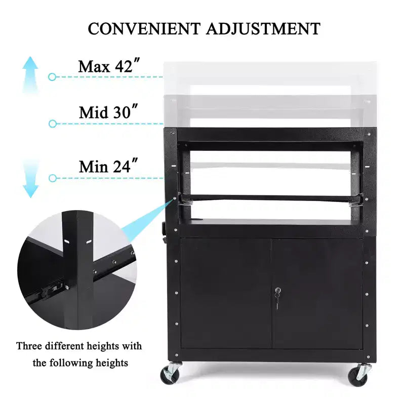 Chariot AV roulant avec armoire verrouillable, hauteur réglable de 61 à 107 cm, tapis antidérapant, capacité de 45 kg, poste de travail mobile avec rangement supplémentaire