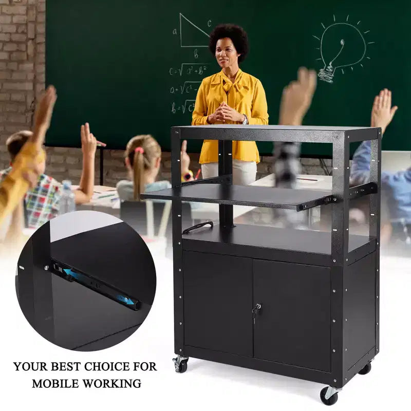 Chariot AV roulant avec armoire verrouillable, hauteur réglable de 61 à 107 cm, tapis antidérapant, capacité de 45 kg, poste de travail mobile avec rangement supplémentaire