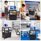 Chariot AV roulant avec armoire verrouillable, hauteur réglable de 61 à 107 cm, tapis antidérapant, capacité de 45 kg, poste de travail mobile avec rangement supplémentaire