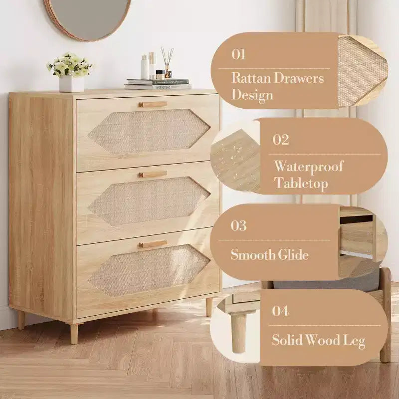 Commode en rotin à 3 tiroirs, meuble de rangement élégant, chambre, salon, couloir, tiroirs spacieux