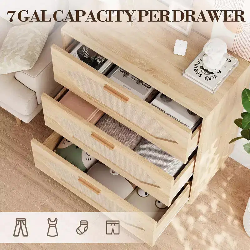 Commode en rotin à 3 tiroirs, meuble de rangement élégant, chambre, salon, couloir, tiroirs spacieux