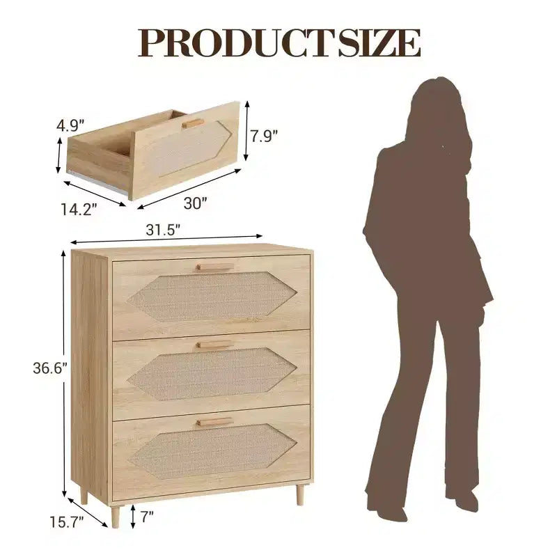 Commode en rotin à 3 tiroirs, meuble de rangement élégant, chambre, salon, couloir, tiroirs spacieux