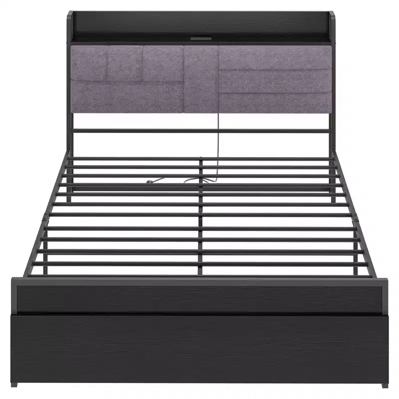 Gray upholstered headboard bed frame with storage shelves, black bed frame with charging station, no spring mattress required, king size.