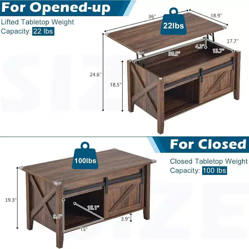 Table basse relevable de ferme VINGLI, tables basses avec étagère de rangement/compartiment caché, Mesa De Centro para Sala, marron rustique