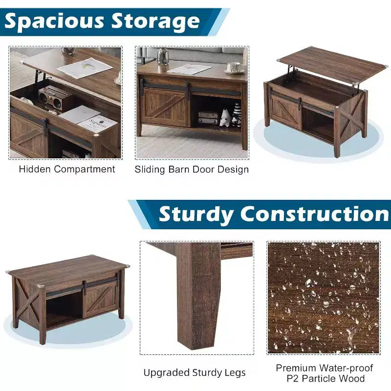 Table basse relevable de ferme VINGLI, tables basses avec étagère de rangement/compartiment caché, Mesa De Centro para Sala, marron rustique