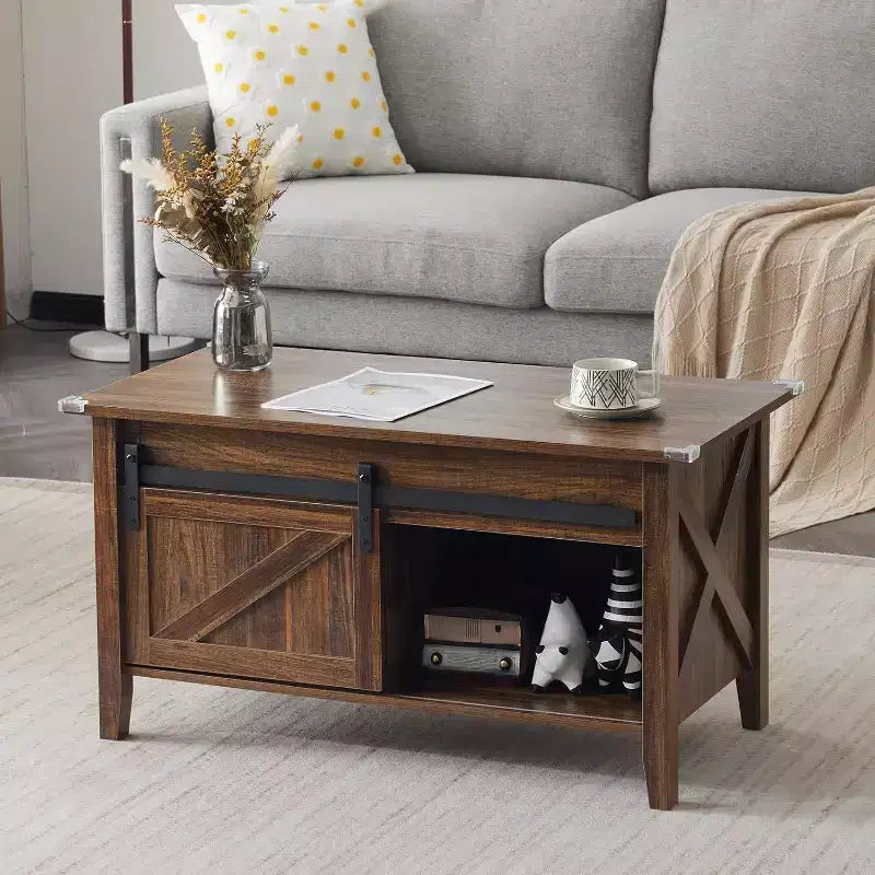 Table basse relevable de ferme VINGLI, tables basses avec étagère de rangement/compartiment caché, Mesa De Centro para Sala, marron rustique
