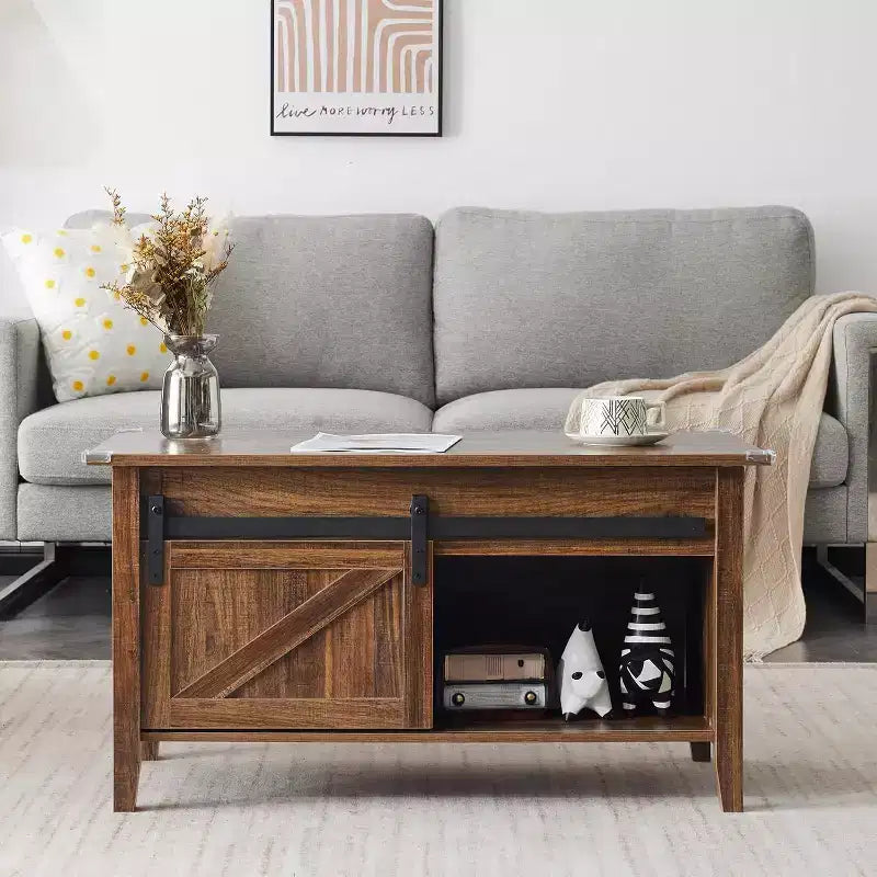 Table basse relevable de ferme VINGLI, tables basses avec étagère de rangement/compartiment caché, Mesa De Centro para Sala, marron rustique