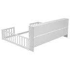 Lit de sol intégral Bellemave avec bibliothèque latérale et étagères, cadre de lit de sol en pin avec garde-corps pour enfants, blanc
