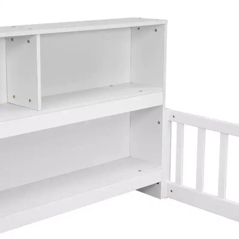 Lit de sol intégral Bellemave avec bibliothèque latérale et étagères, cadre de lit de sol en pin avec garde-corps pour enfants, blanc