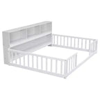 Lit de sol intégral Bellemave avec bibliothèque latérale et étagères, cadre de lit de sol en pin avec garde-corps pour enfants, blanc