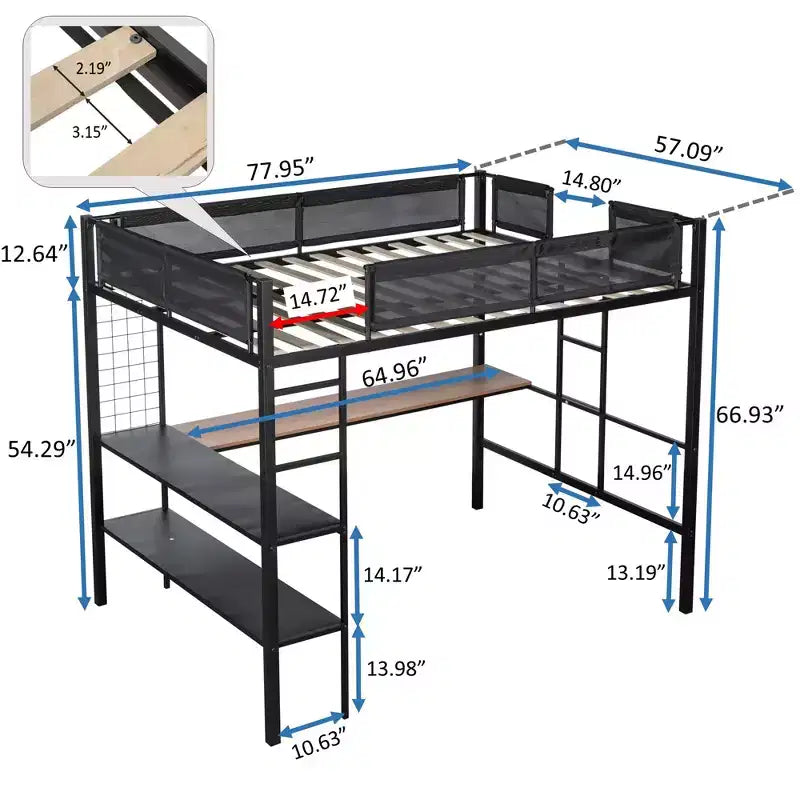 Bellemave Lit mezzanine complet en métal avec bureau / Cadre de lit en métal robuste / Lattes en bois silencieuses / Garde-corps en textilène confortableConvient aux adolescents