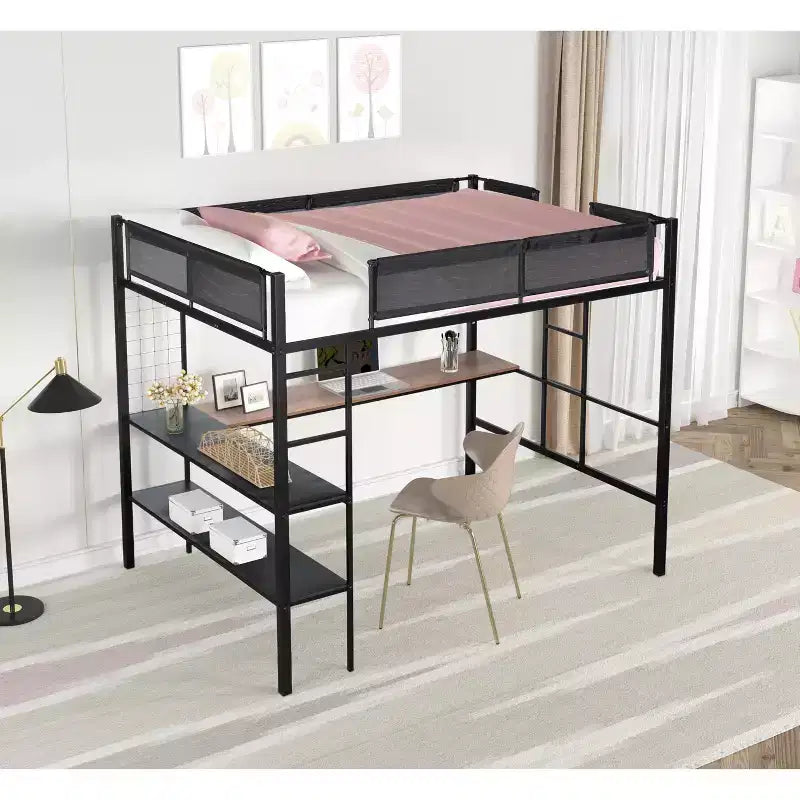 Bellemave Lit mezzanine complet en métal avec bureau / Cadre de lit en métal robuste / Lattes en bois silencieuses / Garde-corps en textilène confortableConvient aux adolescents