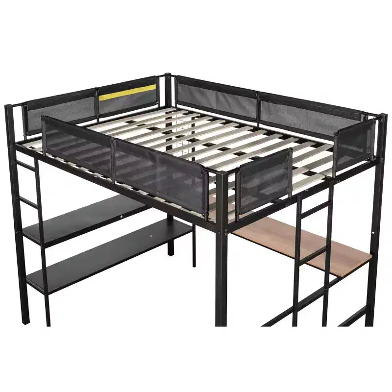 Bellemave Lit mezzanine complet en métal avec bureau / Cadre de lit en métal robuste / Lattes en bois silencieuses / Garde-corps en textilène confortableConvient aux adolescents