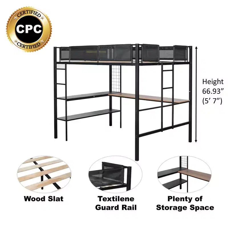 Bellemave Lit mezzanine complet en métal avec bureau / Cadre de lit en métal robuste / Lattes en bois silencieuses / Garde-corps en textilène confortableConvient aux adolescents