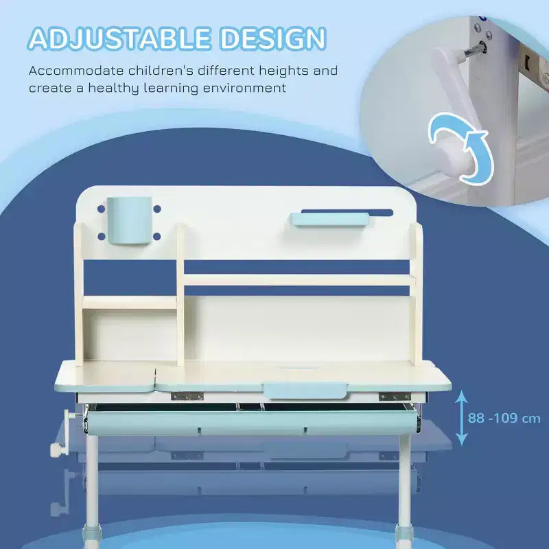 Bureau réglable Whisen Kids, Bureau d'écriture pour enfant, Bureau inclinable pour enfant avec plateau inclinable, Tiroir - Bleu