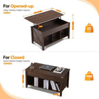 VINGLI Table basse relevable de style ferme, Tables basses de salon avec étagère de rangement/compartiment caché, Mesa De Centro para Sala, Marron rustique