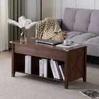 VINGLI Table basse relevable de style ferme, Tables basses de salon avec étagère de rangement/compartiment caché, Mesa De Centro para Sala, Marron rustique