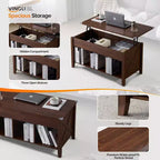VINGLI Table basse relevable de style ferme, Tables basses de salon avec étagère de rangement/compartiment caché, Mesa De Centro para Sala, Marron rustique