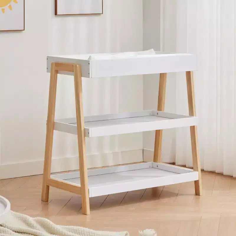 Portable Baby Changing Station C White & Wood, with Waterproof Pad & 2 Storage Shelves for Newborns & Infants