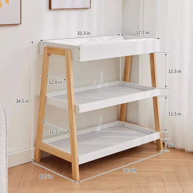 Table à langer portable C blanche et bois, avec matelas imperméable et 2 étagères de rangement pour nouveau-nés et nourrissons