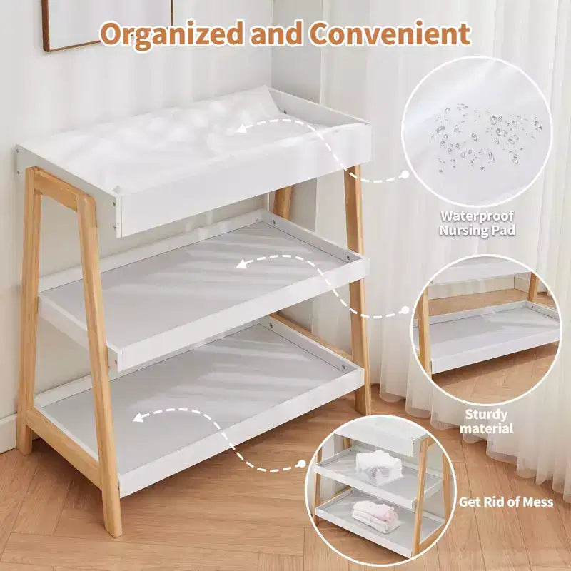 Table à langer portable C blanche et bois, avec matelas imperméable et 2 étagères de rangement pour nouveau-nés et nourrissons