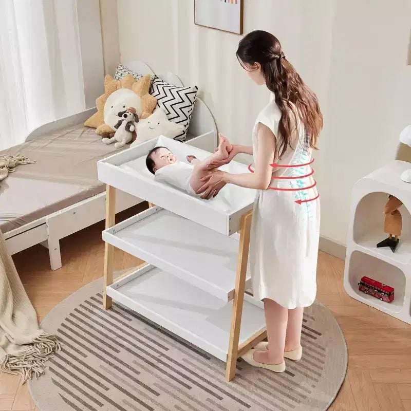 Table à langer portable C blanche et bois, avec matelas imperméable et 2 étagères de rangement pour nouveau-nés et nourrissons