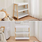 Table à langer portable C blanche et bois, avec matelas imperméable et 2 étagères de rangement pour nouveau-nés et nourrissons