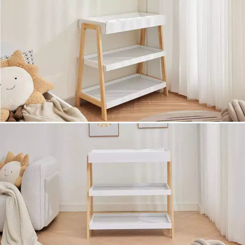 Table à langer portable C blanche et bois, avec matelas imperméable et 2 étagères de rangement pour nouveau-nés et nourrissons