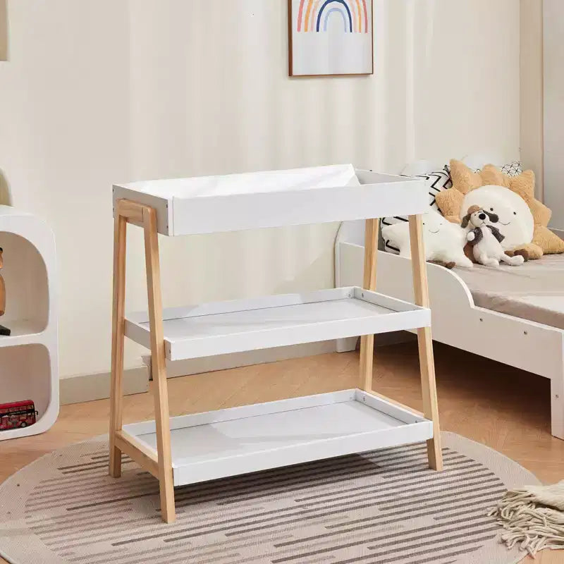Table à langer portable C blanche et bois, avec matelas imperméable et 2 étagères de rangement pour nouveau-nés et nourrissons