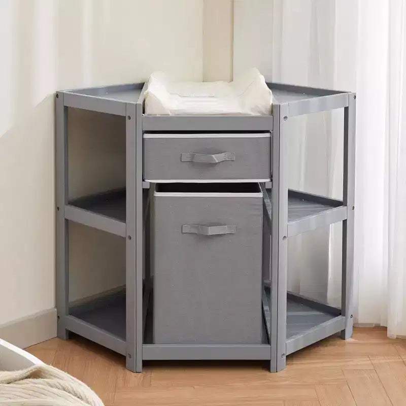 Baby Corner Changing Table C Gray, with Storage Drawer, Changing Pad & Laundry Hamper for Nursery Organization