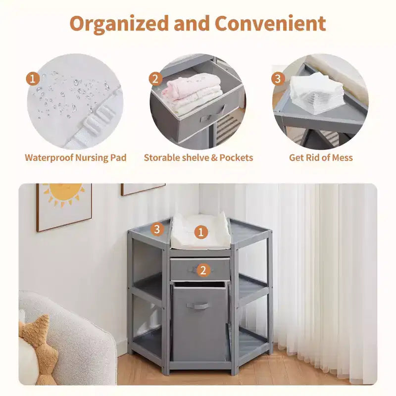 Table à langer d'angle Baby Corner grise avec tiroir de rangement, matelas à langer et panier à linge pour l'organisation de la chambre de bébé
