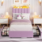 Cadre de lit avec tête de lit de rangement, cadre de lit pour enfant avec 2 tiroirs, lit plateforme tapissé en tissu, tête de lit profilée avec étagère.