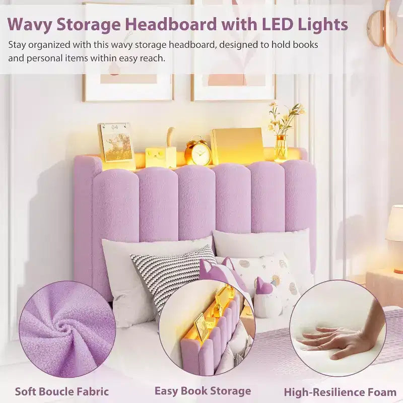 Cadre de lit avec tête de lit de rangement, cadre de lit pour enfant avec 2 tiroirs, lit plateforme tapissé en tissu, tête de lit profilée avec étagère.